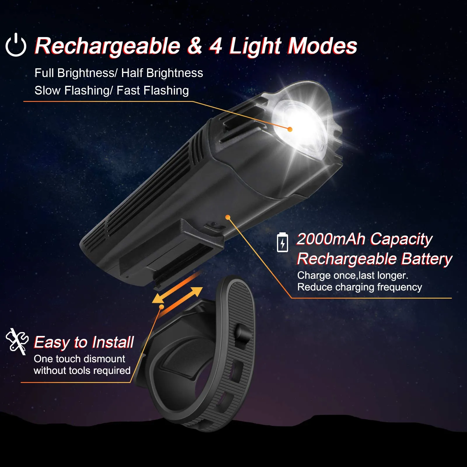 Ascher Ultra Bright USB Rechargeable Bike Light Set, Powerful Bicycle Front Headlight and Back Taillight, 4 Light Modes, Easy to Install for Men Women Kids Road Mountain Cycling Black