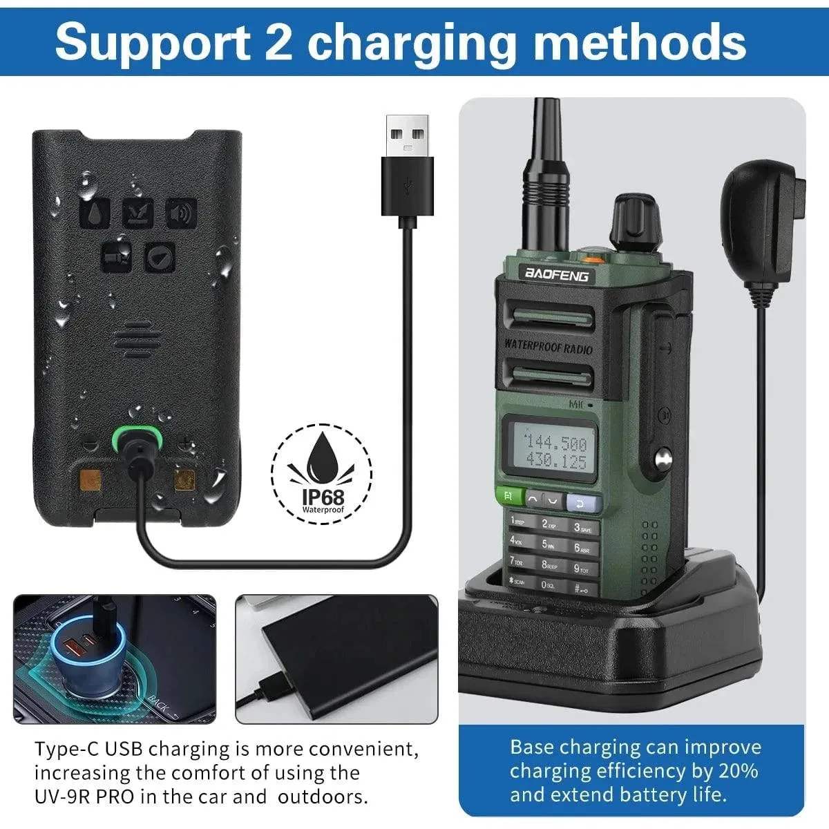 Baofeng UV-9R Pro IP68 Waterproof Walkie Talkie Dual Band VHF UHF Type-C Long Range UV-9R Plus Portable CB Ham Two Way Radio