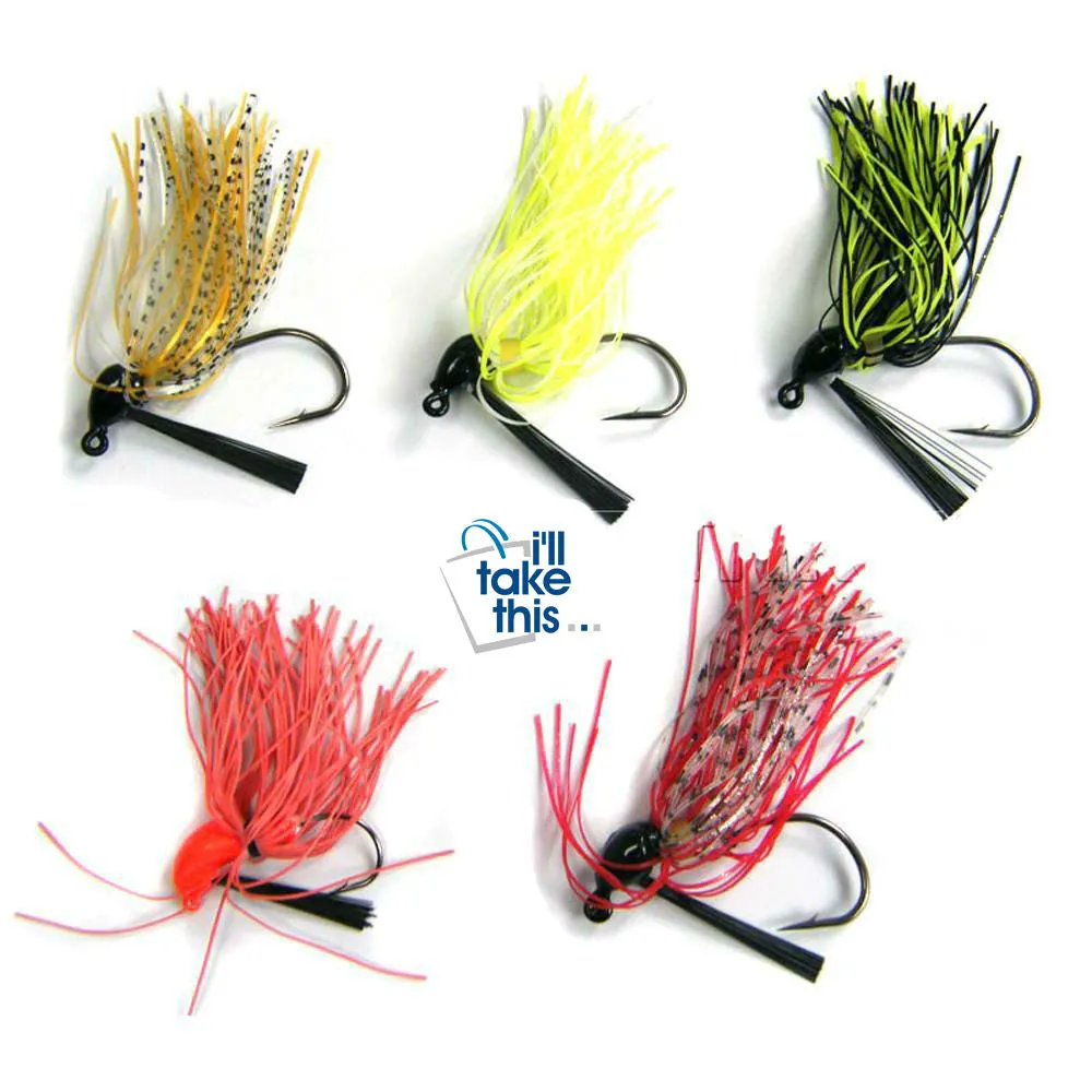 BIG BASS Fishing Jigs Mix Color Rubber Skirt Lure in a 10 PACK with Swim Buzz Metal Lead Jig Heads