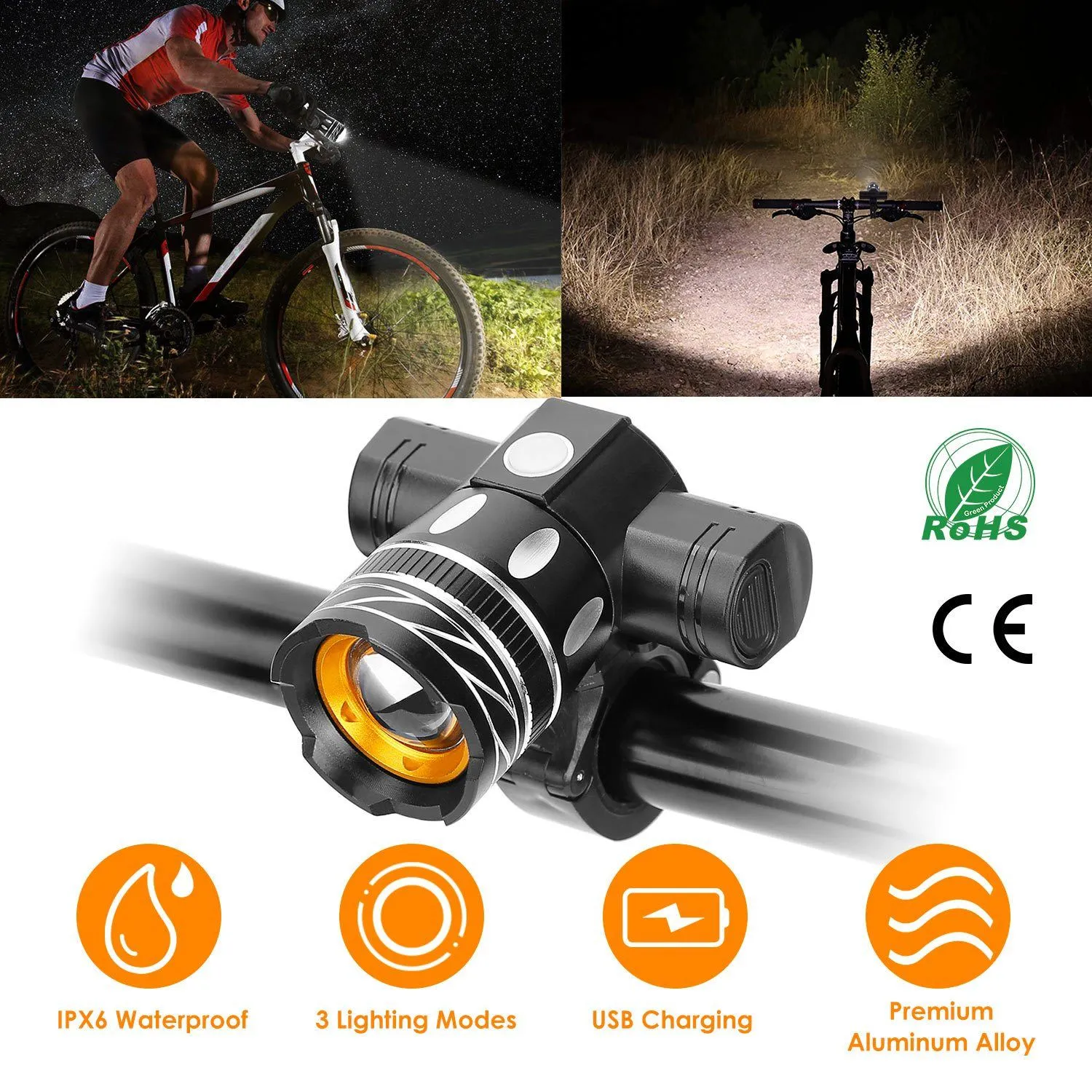 Bike Headlight USB Rechargeable with Bracket