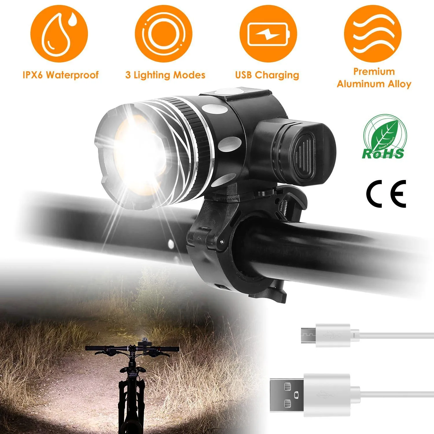 Bike Headlight USB Rechargeable with Bracket