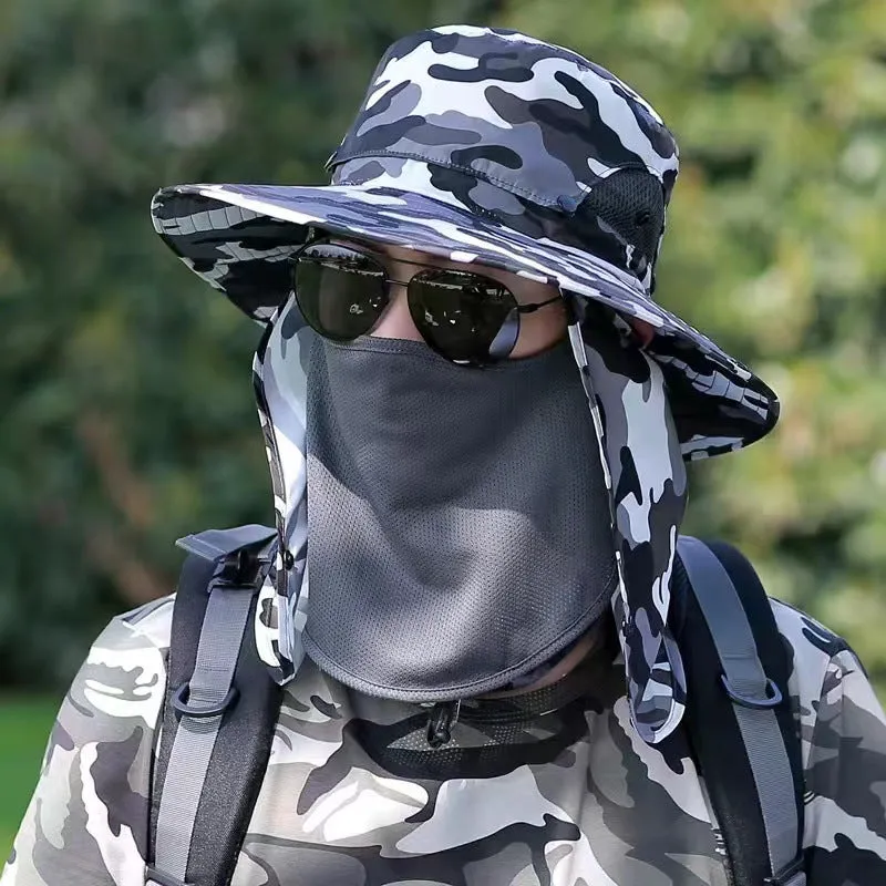 Blue Camouflage Outdoor Sun Protection Hat with Detachable Face and Neck Flap - UPF 50 