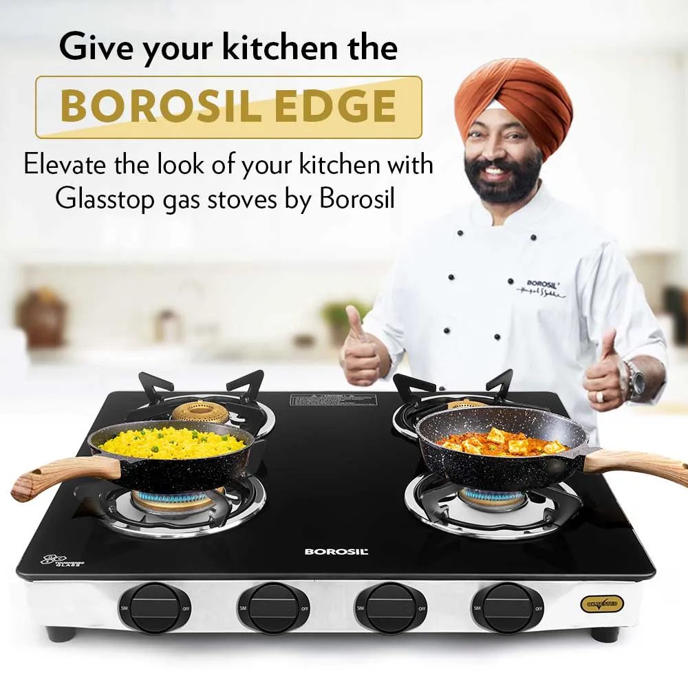 Borosil Blaze Glass-top Gas Stove, 4 Burners