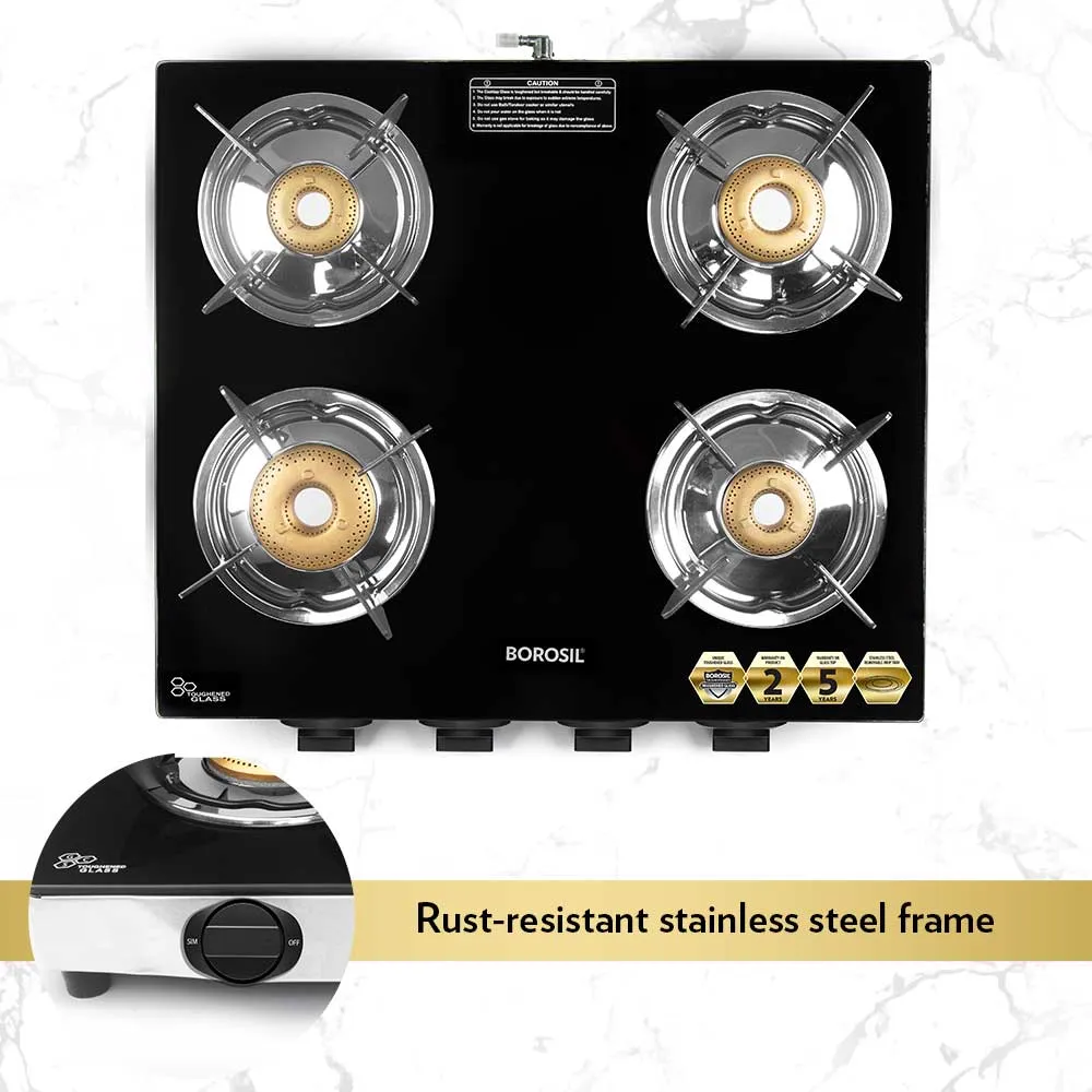 Borosil Blaze Glass-top Gas Stove, 4 Burners