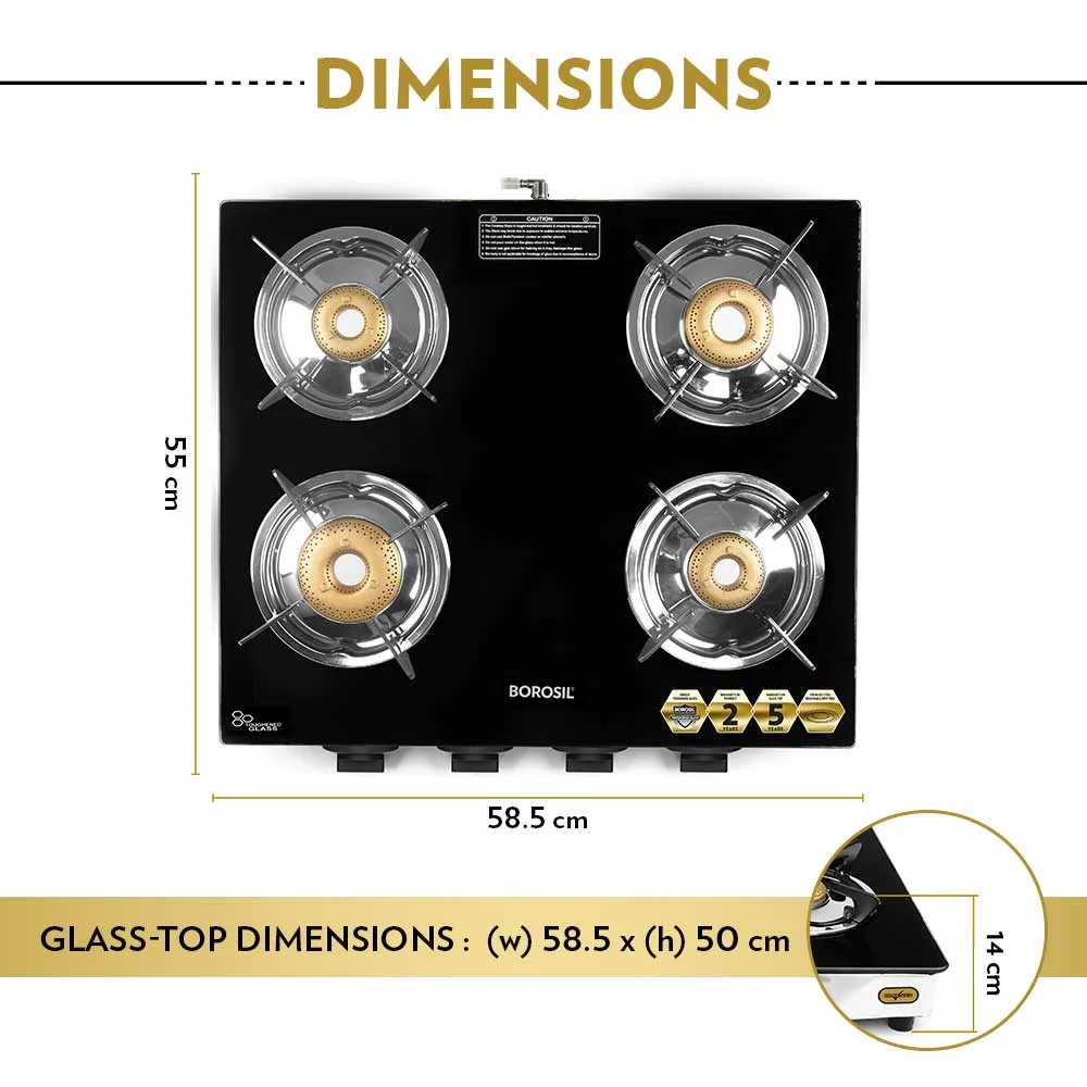 Borosil Blaze Glass-top Gas Stove, 4 Burners