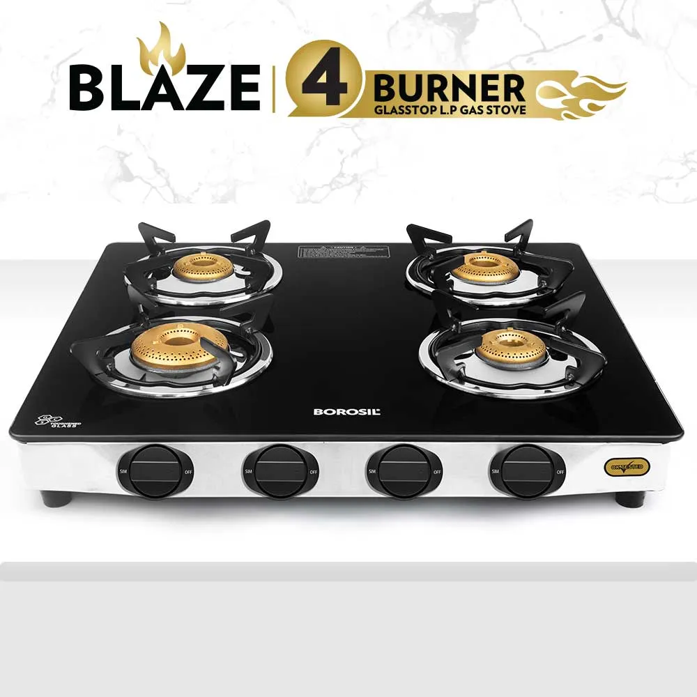 Borosil Blaze Glass-top Gas Stove, 4 Burners