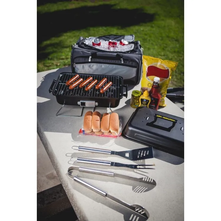 Buccaneer Portable Charcoal Grill and Cooler Tote, Black with Gray and Silver