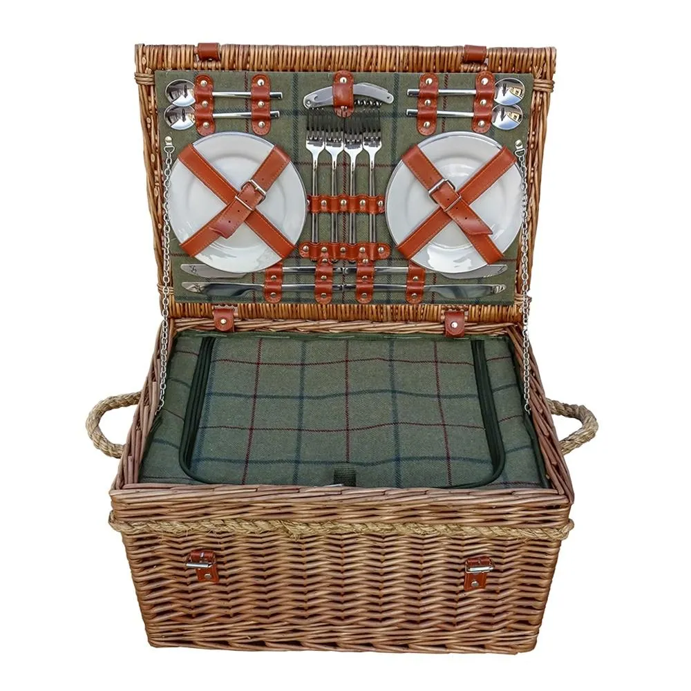 Burghley 4 Person Green Tweed Fitted Wicker Picnic Basket
