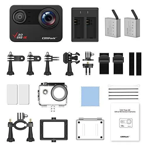 Campark V30 Native 4K Action Camera 20MP EIS Touch Screen WiFi Waterproof PC Webcam with Optional View Angle, 2 1350mAh Batteries and Mounting Accessories Kit