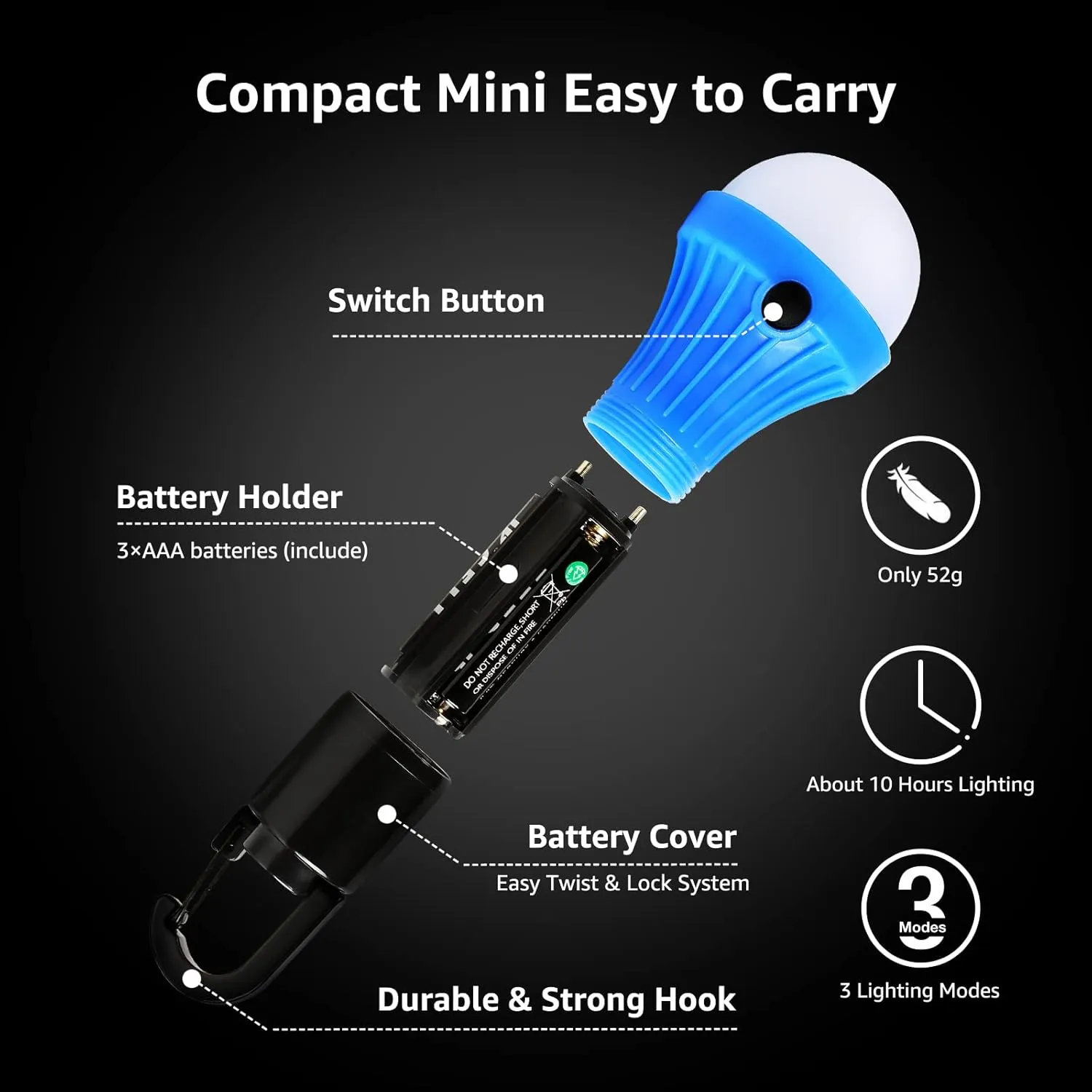 Camping Lights, Battery Powered Tent Lights, Warm White and Daylight Modes, Camping Accessories, Hanging Camping Lantern, Battery Lights for Power Cuts, Pack of 4 (AAA Battery Included)