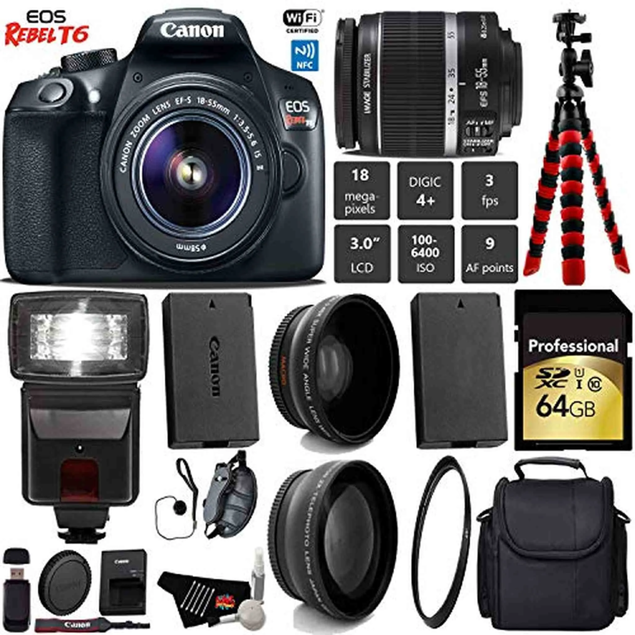 Canon EOS Rebel T6 DSLR Camera 18-55mm is II Lens   Flash   UV FLD CPL Filter Kit   Wide Angle & Telephoto Lens   Camera Pro Bundle