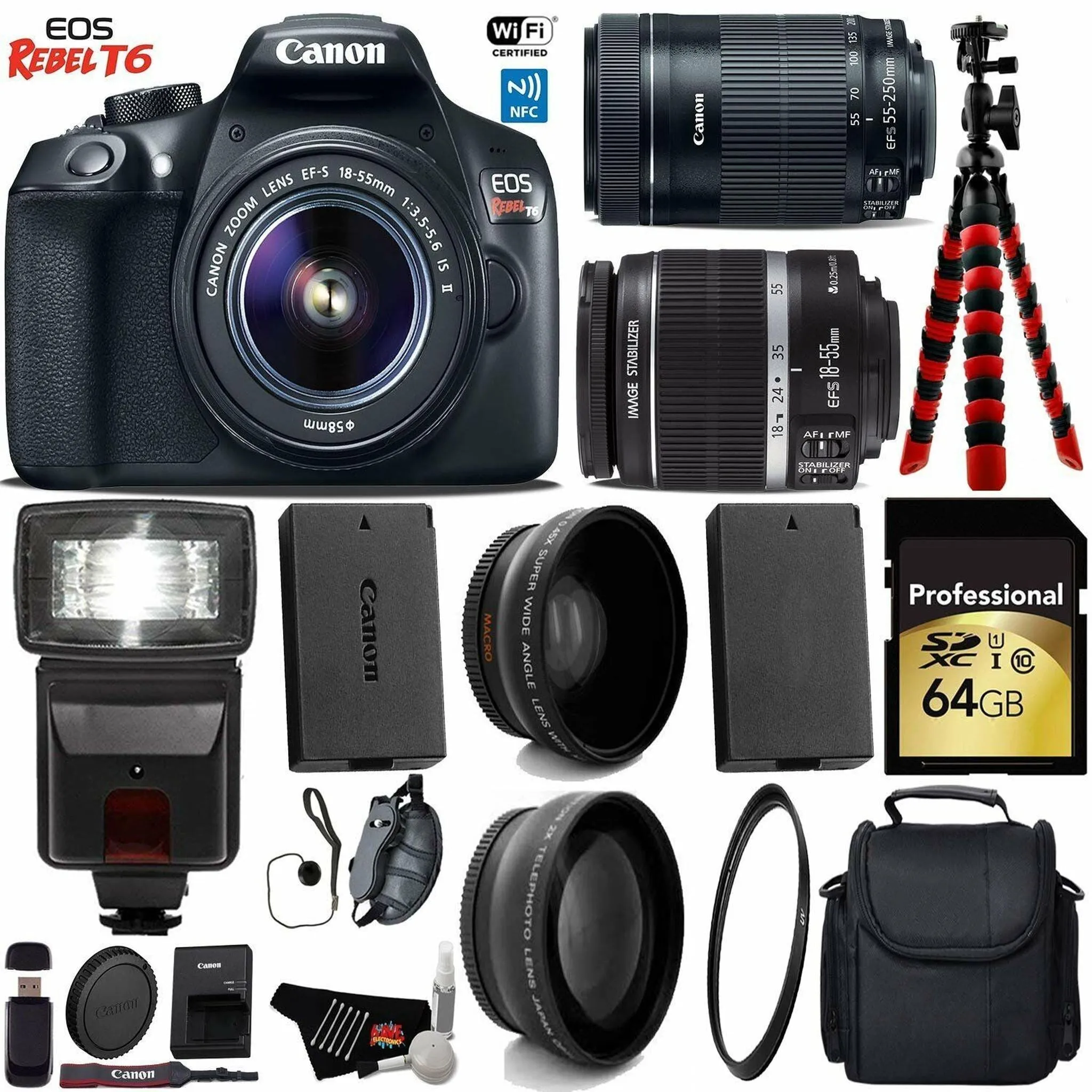 Canon EOS Rebel T6 DSLR Camera 18-55mm is Lens & 55-250mm is STM Lens   Flash   UV FLD CPL Filter Kit   Wide Angle & Tel