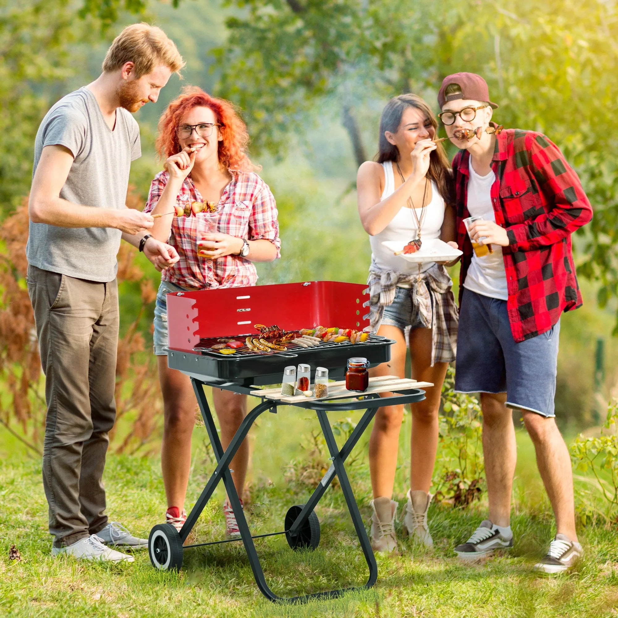 Charcoal Trolley BBQ Barbecue Grill Patio Camping Picnic Garden Party Outdoor Cooking with Windshield