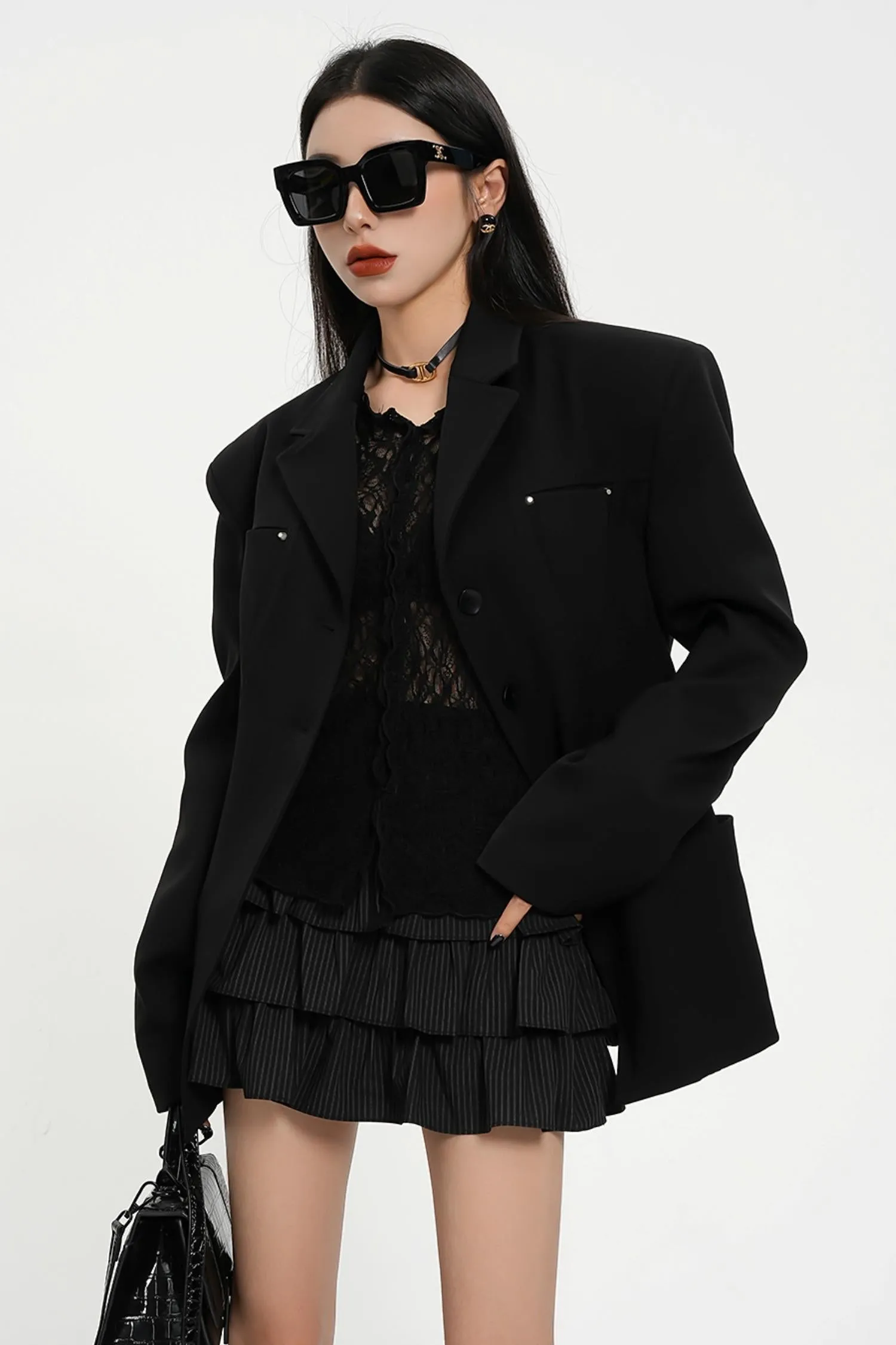 Classic Black Tailored Blazer - Multi-Pocket Professional Suit Jacket