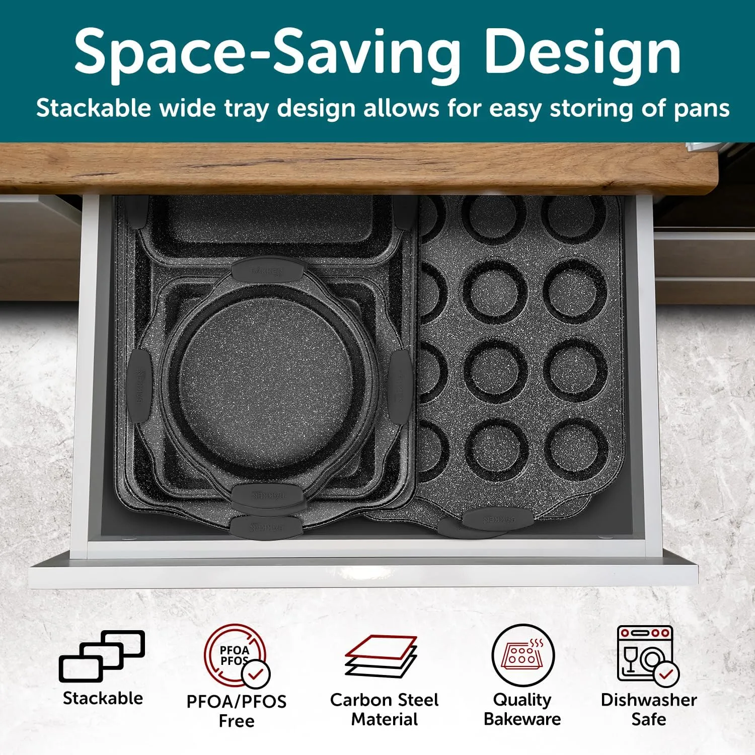 Cookie Sheets for Baking Nonstick Set - 3-Piece Stackable Carbon Steel Baking