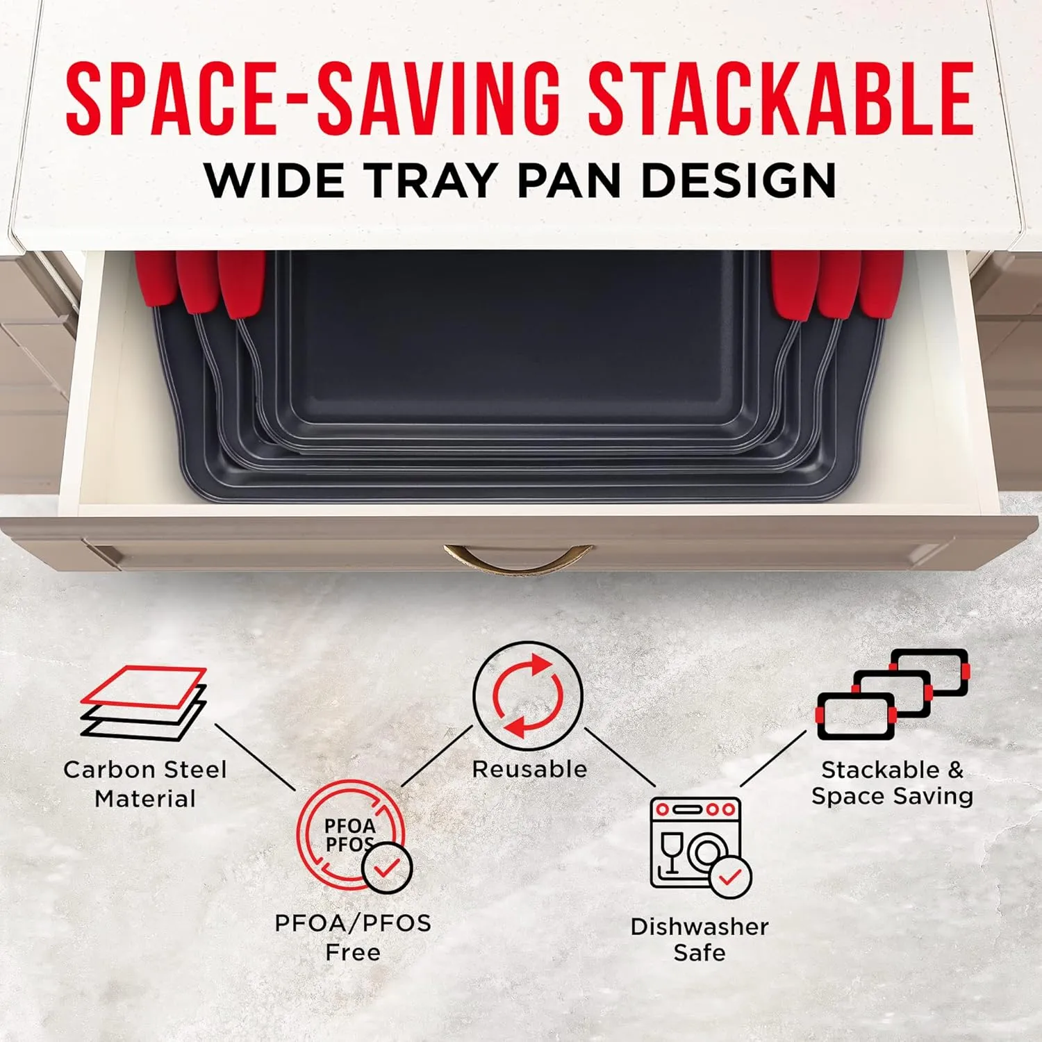 Cookie Sheets for Baking Nonstick Set - 3-Piece Stackable Carbon Steel Baking