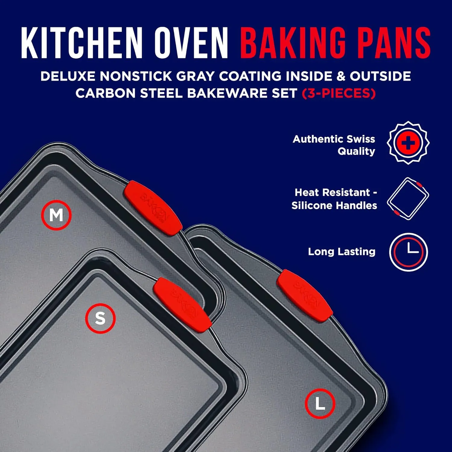 Cookie Sheets for Baking Nonstick Set - 3-Piece Stackable Carbon Steel Baking
