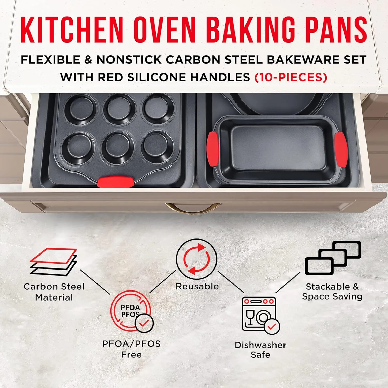 Cookie Sheets for Baking Nonstick Set - 3-Piece Stackable Carbon Steel Baking