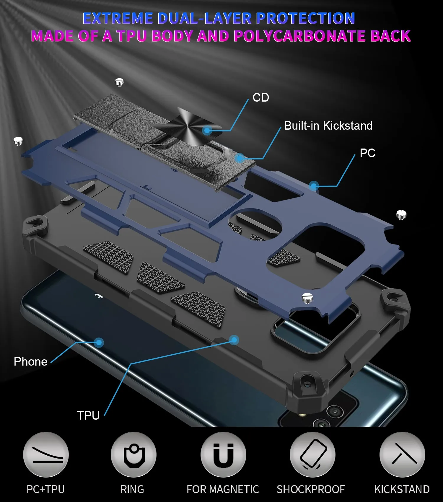 Cricket Ovation 2 Case ,AT&T Maestro Max Case [Military Grade] Ring Car Mount Kickstand Hybrid Hard PC Soft TPU Shockproof Protective Case - Blue
