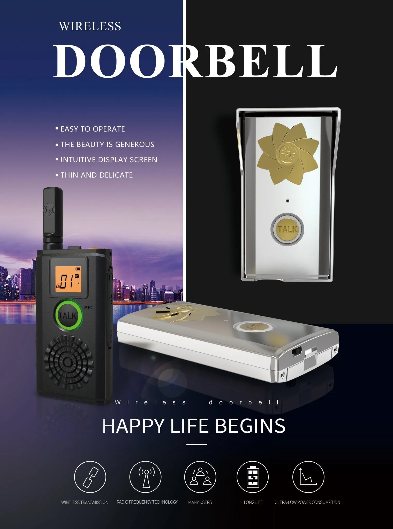 CRONY 1W T-368D Doorbell Walkie Talkie Two Way Radio Professional FM Transceiver with Loudly Doorbell Doorphone