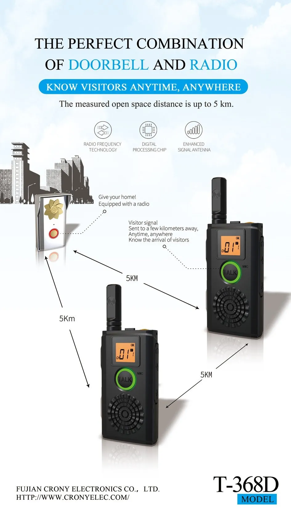 CRONY 1W T-368D Doorbell Walkie Talkie Two Way Radio Professional FM Transceiver with Loudly Doorbell Doorphone