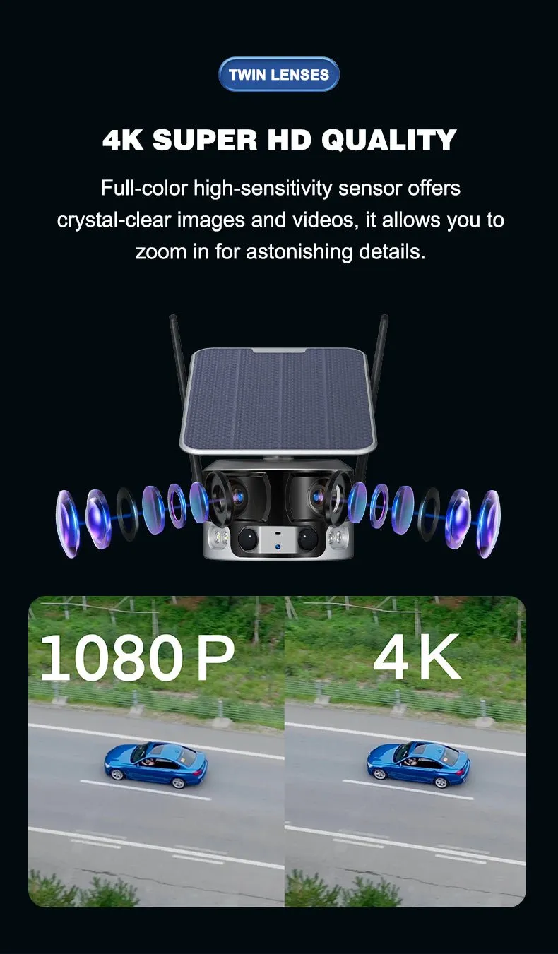CRONY Y6 4G-4K-8MP-4X 180°Wide Angle Solar Battery Camera Y6 WiFi-4K-8MP-180°Wide Angle Solar Battery Camera with 6W Solar Panel