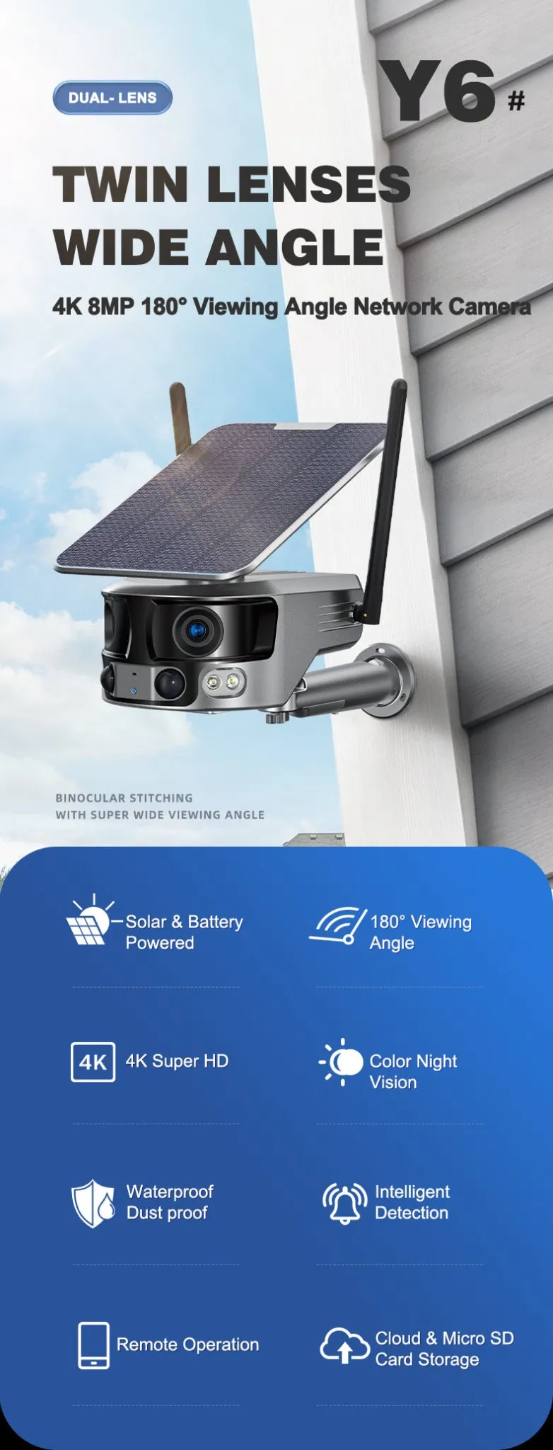 CRONY Y6 4G-4K-8MP-4X 180°Wide Angle Solar Battery Camera Y6 WiFi-4K-8MP-180°Wide Angle Solar Battery Camera with 6W Solar Panel