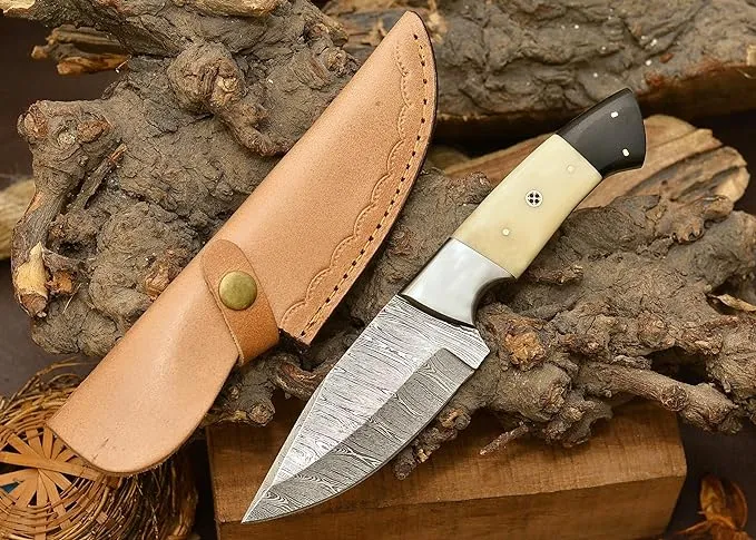 Custom Handmade Damascus Steel Hunting Knife – 10-Inch Blade with Steel Bolster, Camel Bone & Buffalo Horn Handle, Includes Leather Sheath