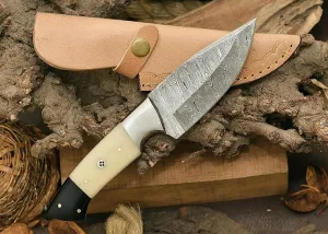 Custom Handmade Damascus Steel Hunting Knife – 10-Inch Blade with Steel Bolster, Camel Bone & Buffalo Horn Handle, Includes Leather Sheath