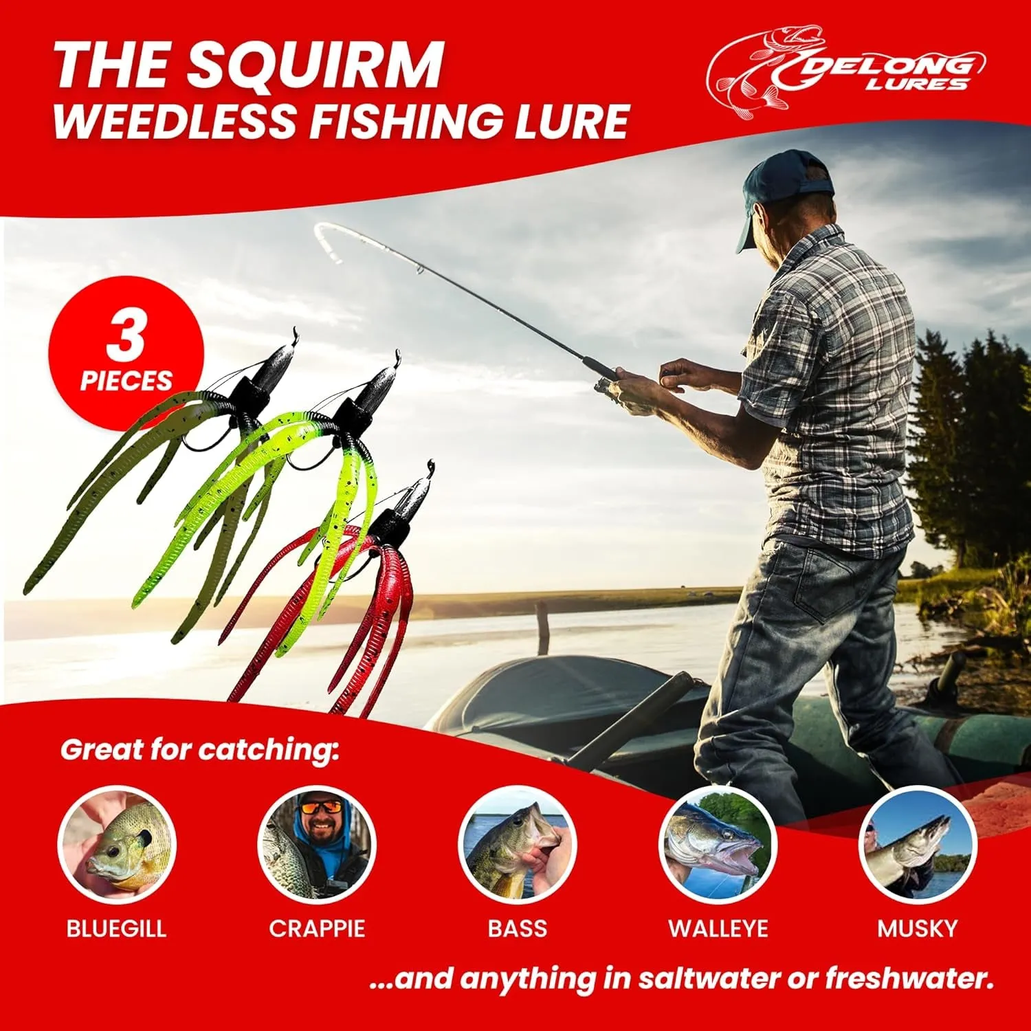 Delong Lures - the Squirm Fishing Lures - Ultimate Bass Fishing Kit - Weighted Fishing Jigs for Freshwater and Saltwater Fishing, Large Swimbait Fishing Lures - Made in USA