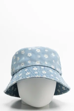 Denim Bucket Hat With Flowers Blue