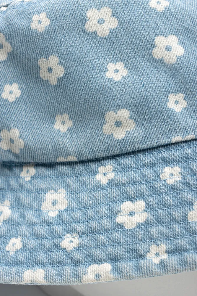 Denim Bucket Hat With Flowers Blue