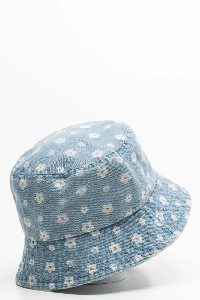 Denim Bucket Hat With Flowers Blue