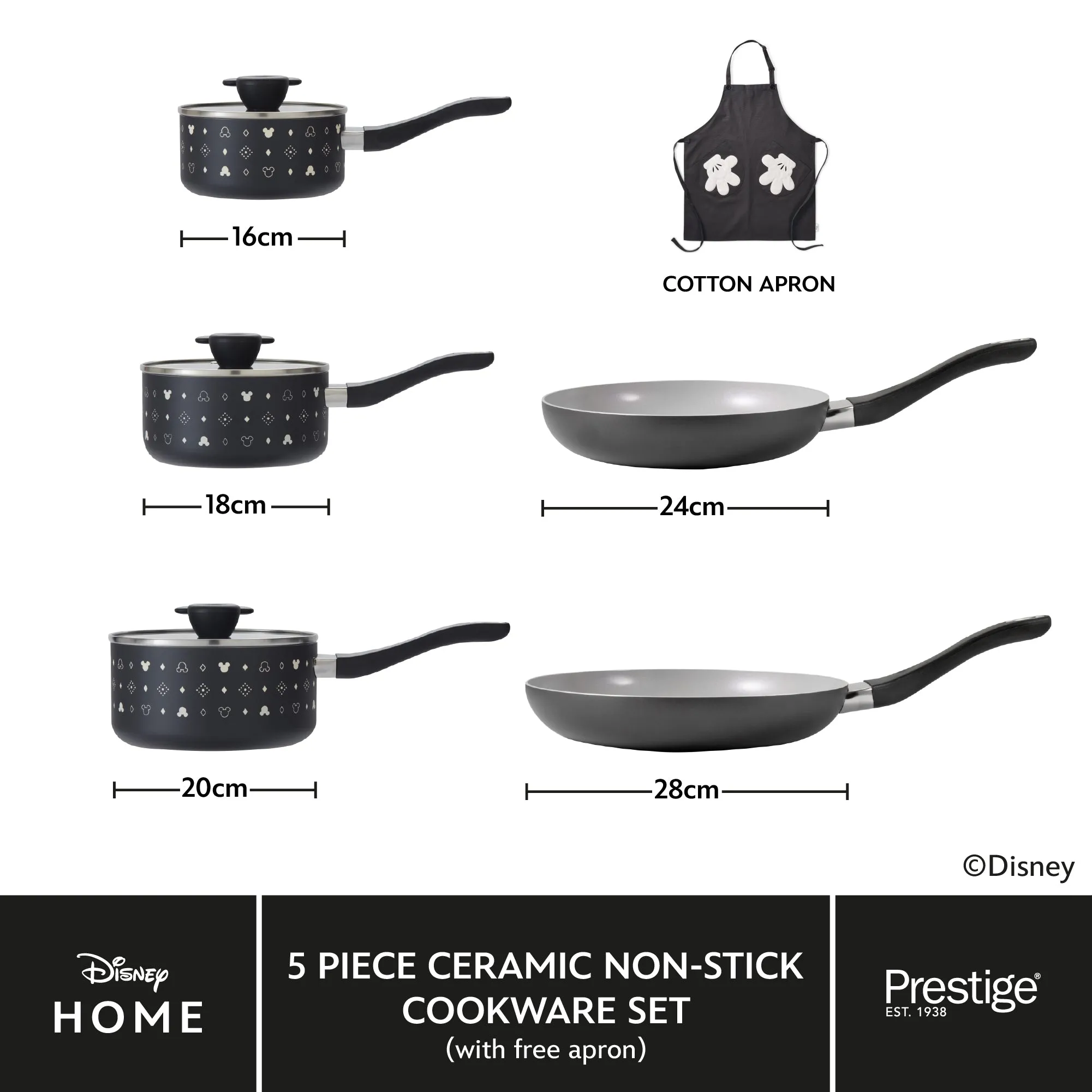 Disney Monochrome: Ceramic Non-Stick Pan Set - 5 Pieces & FREE Apron