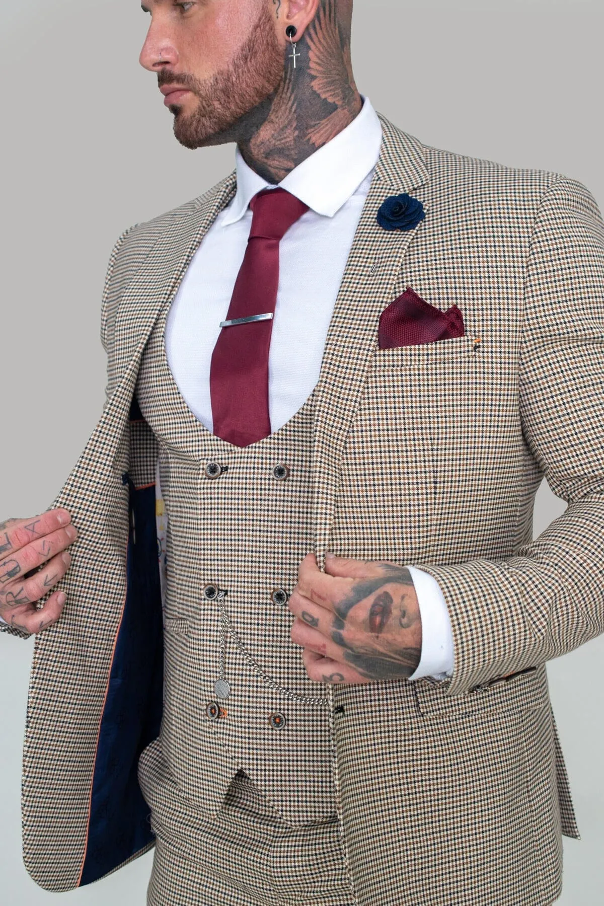 Elwood Beige Houndstooth 3 Piece Suit