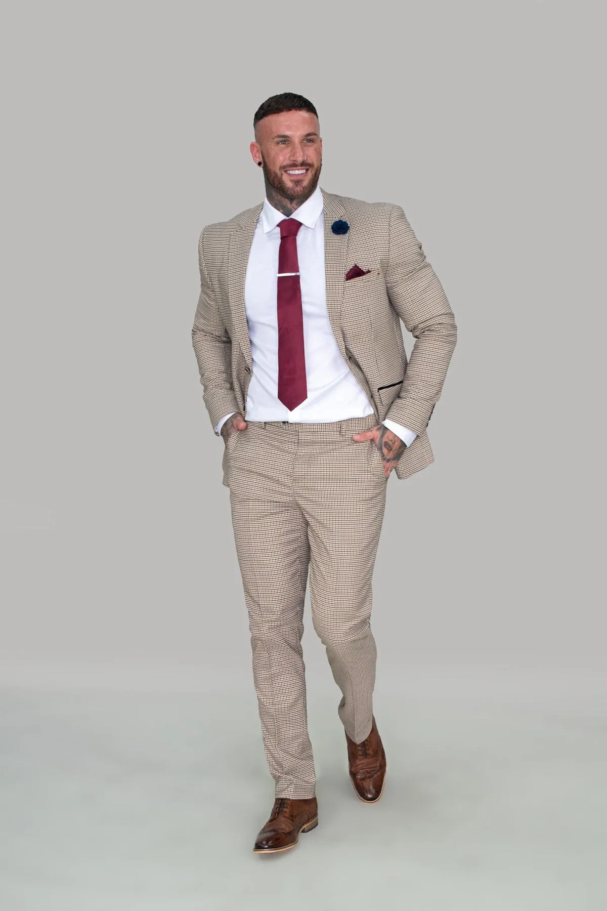 Elwood Beige Houndstooth 3 Piece Suit