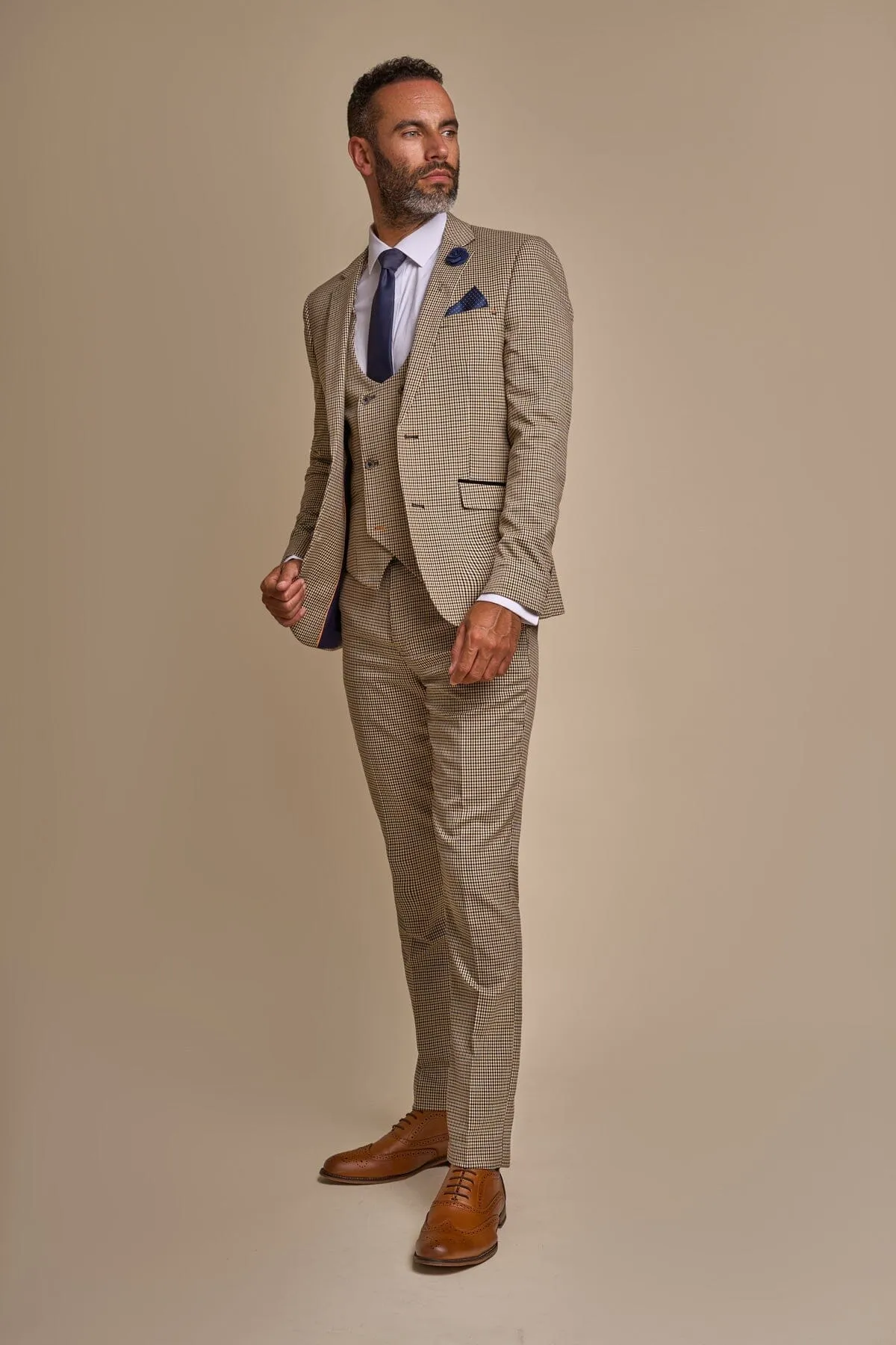 Elwood Beige Houndstooth 3 Piece Suit
