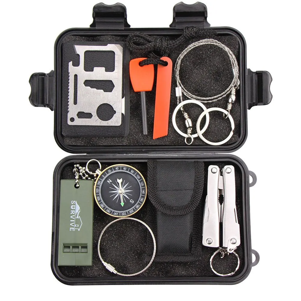 Emergency Survival Kit, Monoki 9-In-1 Compact Outdoor Survival Gear Kits Portable EDC Emergency Survival Tools Set with Gift Box for Camping Hiking Hunting Climbing Travelling or Wilderness Adventures