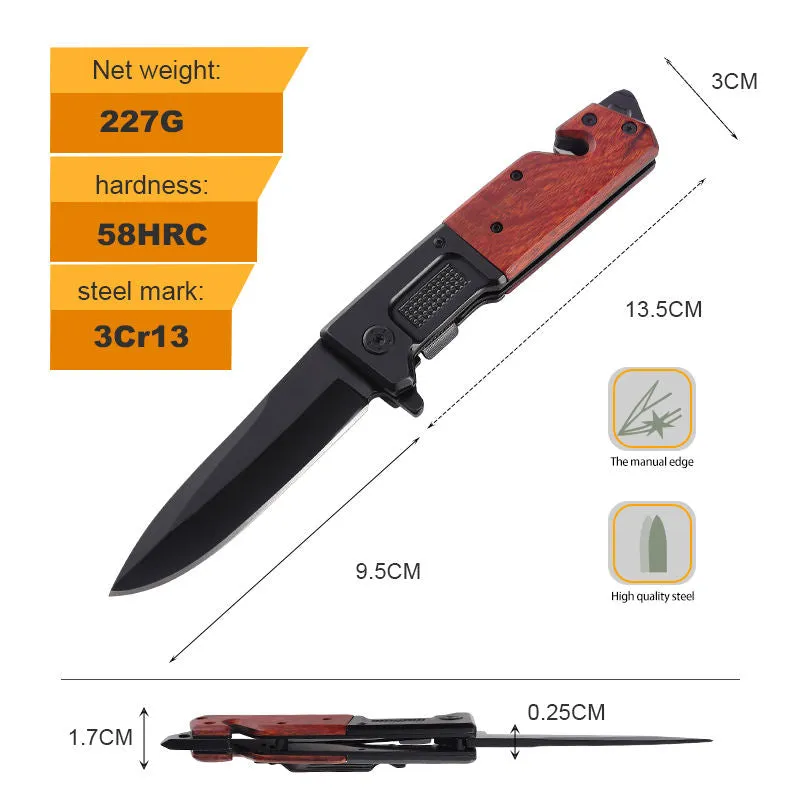 Factory Wholesale Folding Hunting 3Cr13 Stainless Steel Blackening Wooden Pocket Knife Outdoor Survival Tactical Knife