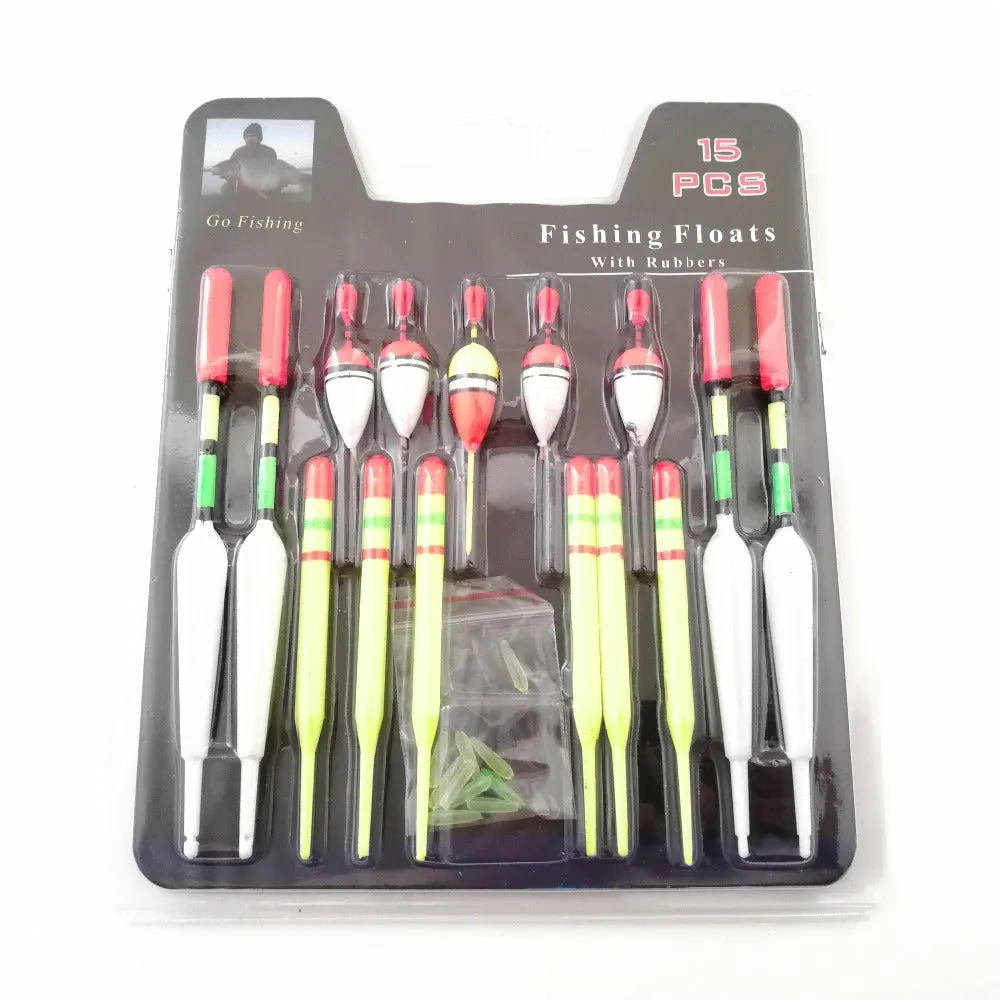Fishing Floats Assorted Size suit most Angling with Attachment Rubbers Fishing Lures - 1 set/15Pcs