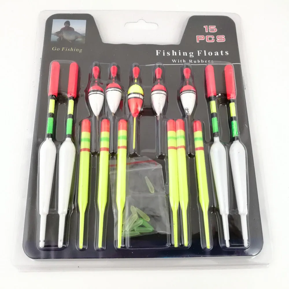Fishing Floats Assorted Size suit most Angling with Attachment Rubbers Fishing Lures - 1 set/15Pcs