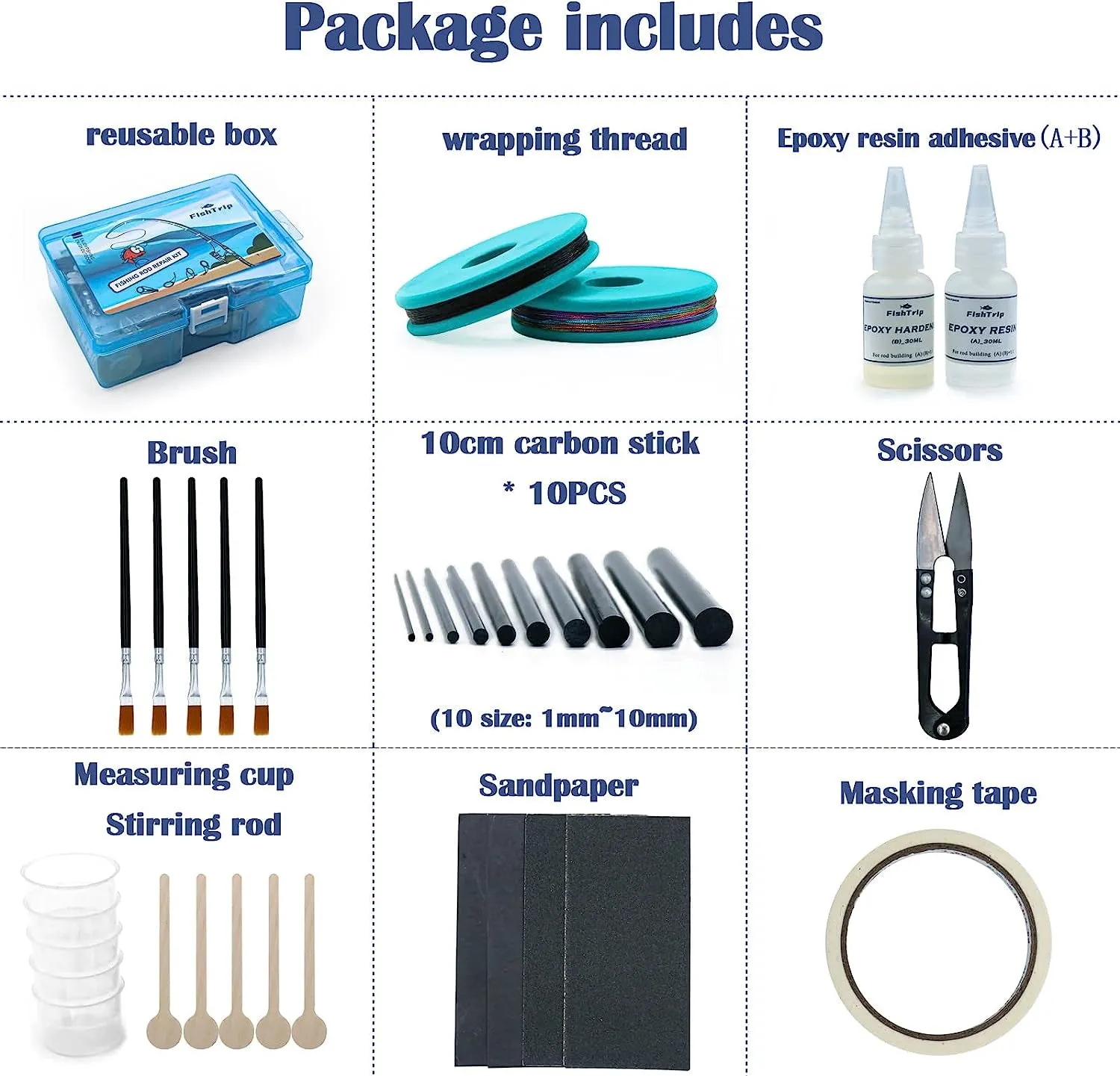 Fishing Rod Repair Kit Complete with Epoxy,10Pcs Carbon Fiber Sticks Pole Building Kit, AB Glue, Wrapping Thread for Saltwater Freshwater Spinning Casting Rod