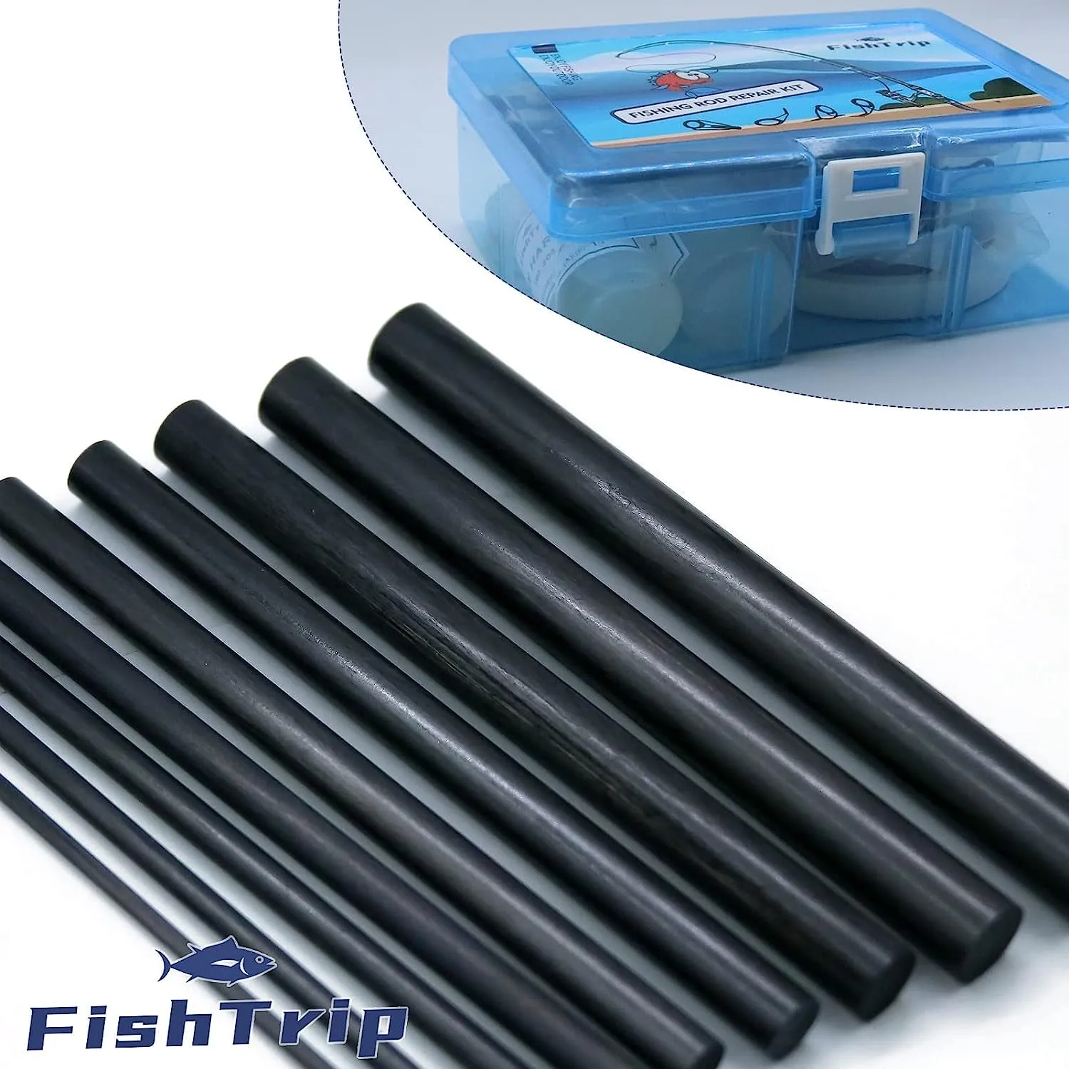 Fishing Rod Repair Kit Complete with Epoxy,10Pcs Carbon Fiber Sticks Pole Building Kit, AB Glue, Wrapping Thread for Saltwater Freshwater Spinning Casting Rod