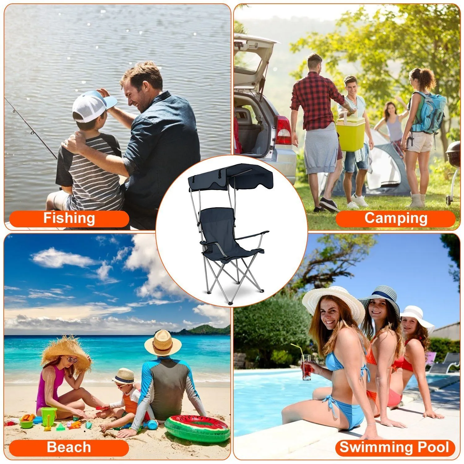 Foldable Beach Canopy Chair Sun Protection with Cup Holder