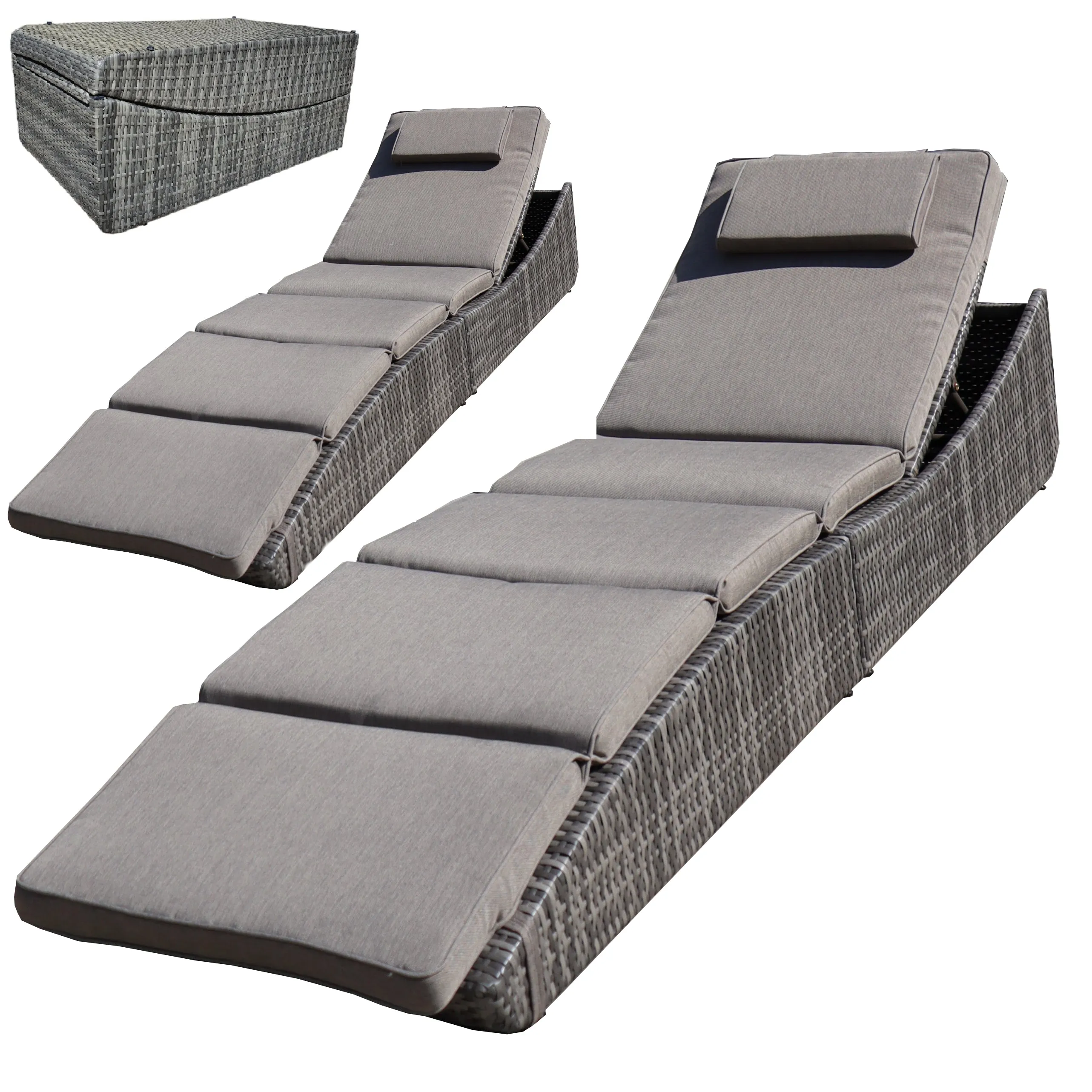 Foldable Outdoor Chaise Pool Lounge Chair Folding Wicker Rattan Sun bed Patio Couch Reclining lounger Adjustable Padded Backrest Pillow Assembled - Brown Set of 2