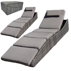 Foldable Outdoor Chaise Pool Lounge Chair Folding Wicker Rattan Sun bed Patio Couch Reclining lounger Adjustable Padded Backrest Pillow Assembled - Brown Set of 2