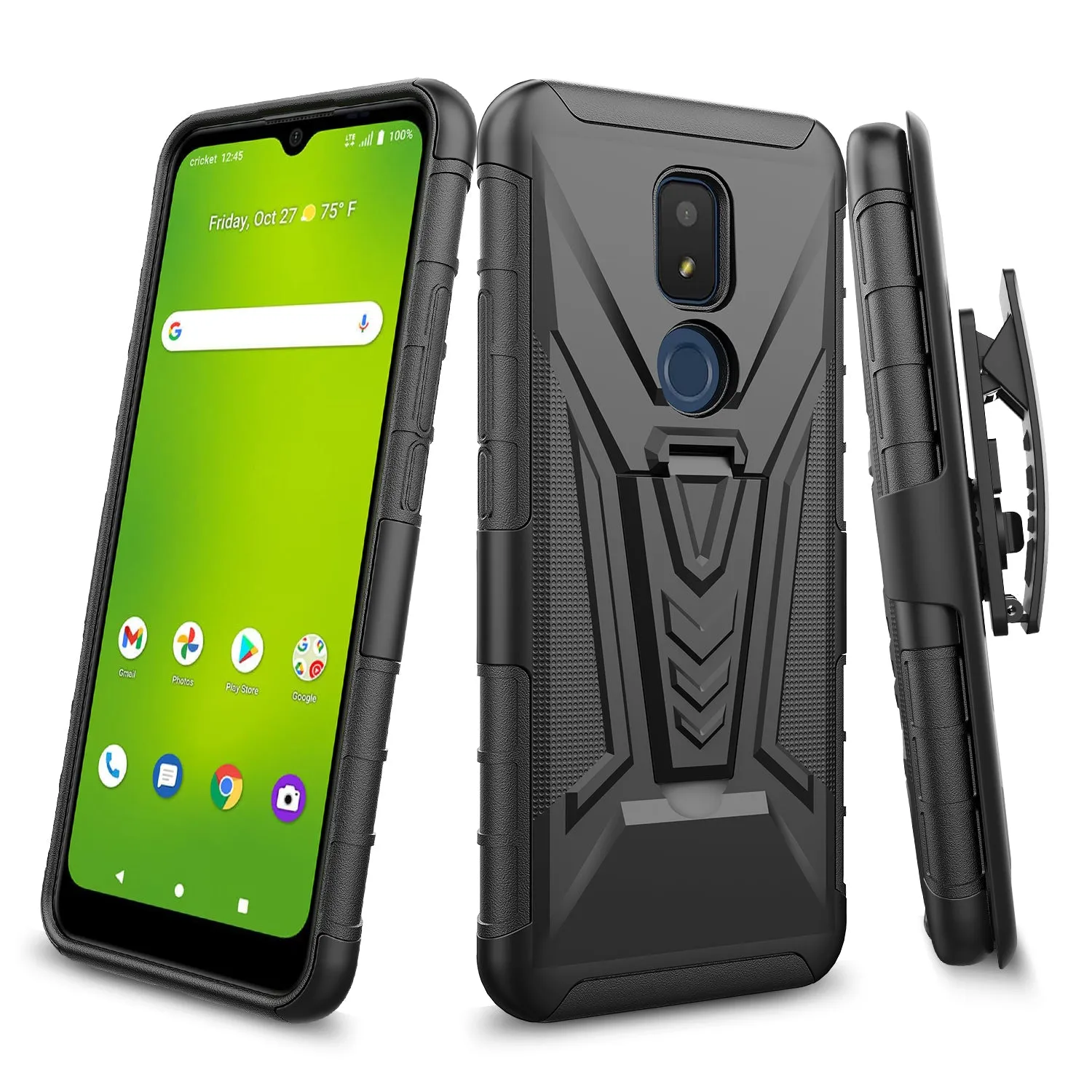 For Cricket Icon 3 (3rd Version) | At&t Motivate 2 (2nd) | Cricket Splendor Case with Tempered Glass Screen Protector Heavy Duty Protective Phone Case,Built-in Kickstand Rugged Shockproof Protective Phone Case - Black