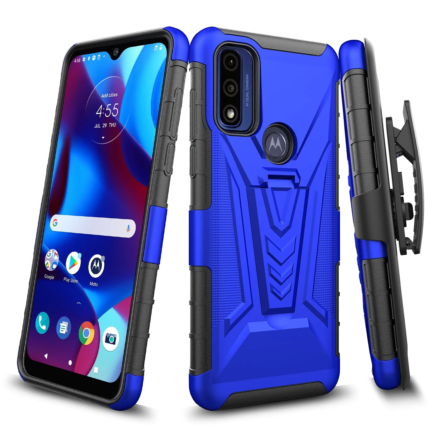 For Motorola moto g Pure Case with Tempered Glass Screen Protector Heavy Duty Protective Phone Case,Built-in Kickstand Rugged Shockproof Protective Phone Case - Blue