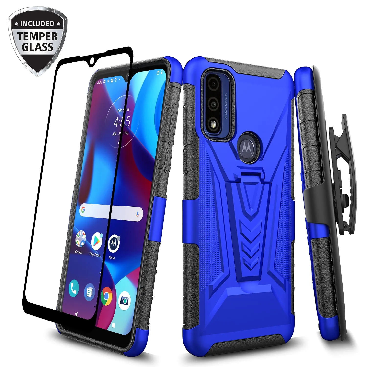 For Motorola moto g Pure Case with Tempered Glass Screen Protector Heavy Duty Protective Phone Case,Built-in Kickstand Rugged Shockproof Protective Phone Case - Blue