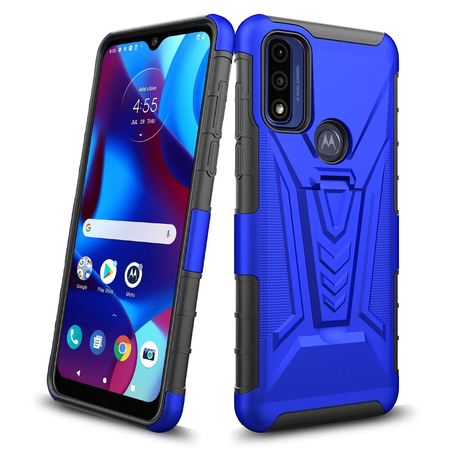 For Motorola moto g Pure Case with Tempered Glass Screen Protector Heavy Duty Protective Phone Case,Built-in Kickstand Rugged Shockproof Protective Phone Case - Blue